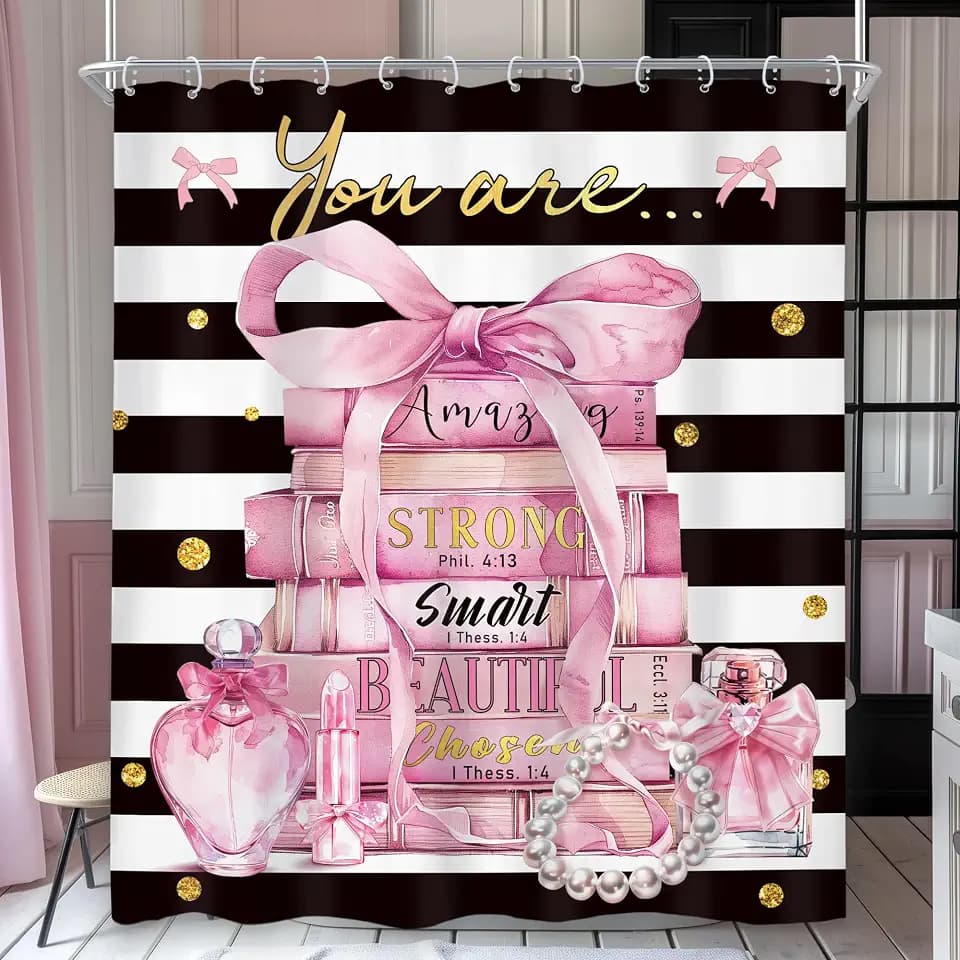 Riyidecor Pink Bow Girls Positive Quotes You Bathroom Shower Curtain Set