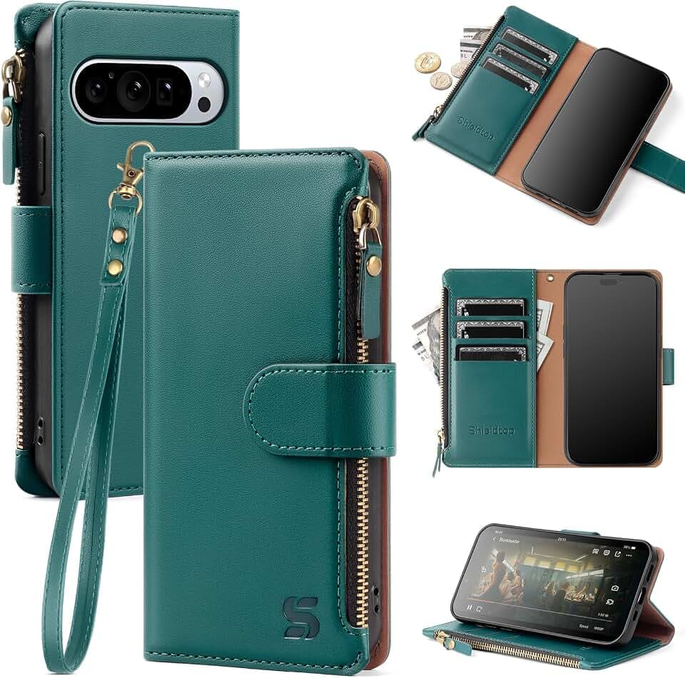 Shieldtop Compatible with Google Pixel 9 5G Wallet Case with Card Holder,Women Men RFID Blocking PU Leather Flip Cover Wrist Strap Zipper Credit Card Slots,Phone Case for Pixel 9 Pro 6.3",Blue Green