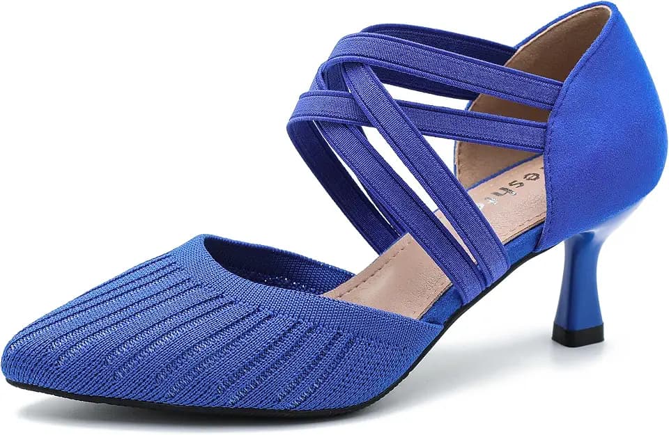 Women's Pointed Toe Kitten Heel Pumps, Elastic Cross Strap, Knit Slip On Dress Shoes