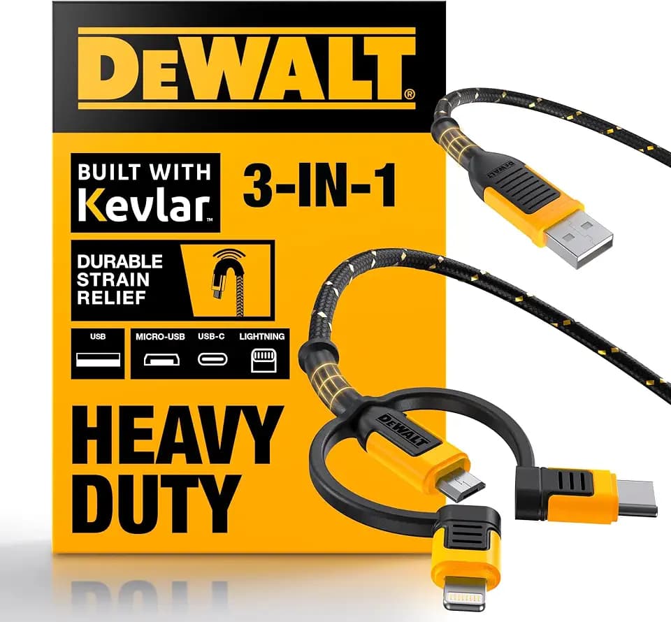 DEWALT Robustes 3-in-1-Multi-Ladekabel, 1,8 m langes Schnellladekabel, Multi-Ladeadapter mit Lightning-/Typ-C-/Micro-USB-Anschluss für iPhones/Samsung Galaxy/PS/Tablets/mehr