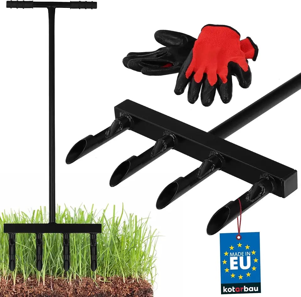 KOTARBAU® Rasenlüfter manuell - 36 cm - Aerifizierer für Rasen + Gartenhandschuhe - Rasenbelüfter - Handvertikutierer - Werkzeug zur Rasenbelüftung mit Hohlzinken - Stahl - Schwarz