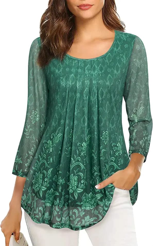 VALOLIA Women's 3/4 Sleeve Tunic Tops Casual Loose Fit Floral Blouses Mesh Pleated Layered Shirt