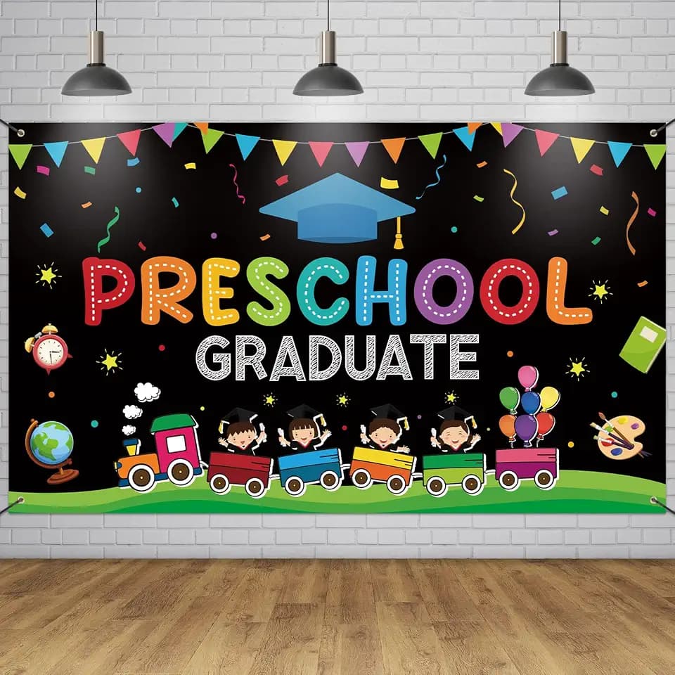 Large Preschool Graduation Party Banner Decorations 72x44 Inch, Kindergarten Graduate Banner Flag Photography Background for Kids Class of 2023 Ceremony Congratulations Grad School Prom Supplies