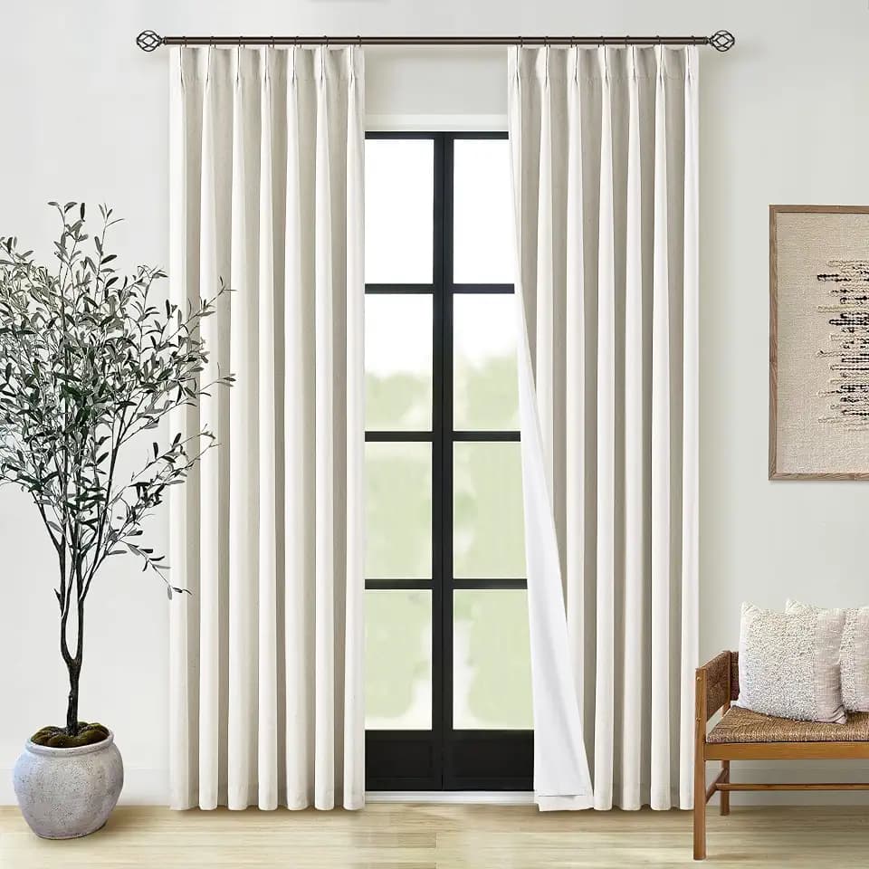 Natural Linen Pinch Pleated 100% Blackout Curtains 80 Inches Long 2 Panels