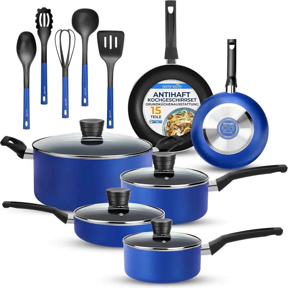 SereneLife 15-teiliges Küchenutensilien-Set Blau - Antihaft-Topf und Pfannen, hitzebeständig mit Deckeln, spülmaschinenfest, enthält passendes Utensilien