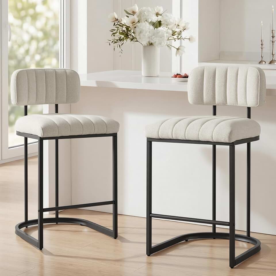 26" Counter Height Bar Stools Set of 2, Modern Linen Fabric Upholstered Kitchen Island Chairs with Back, Black Metal Frames, Linen