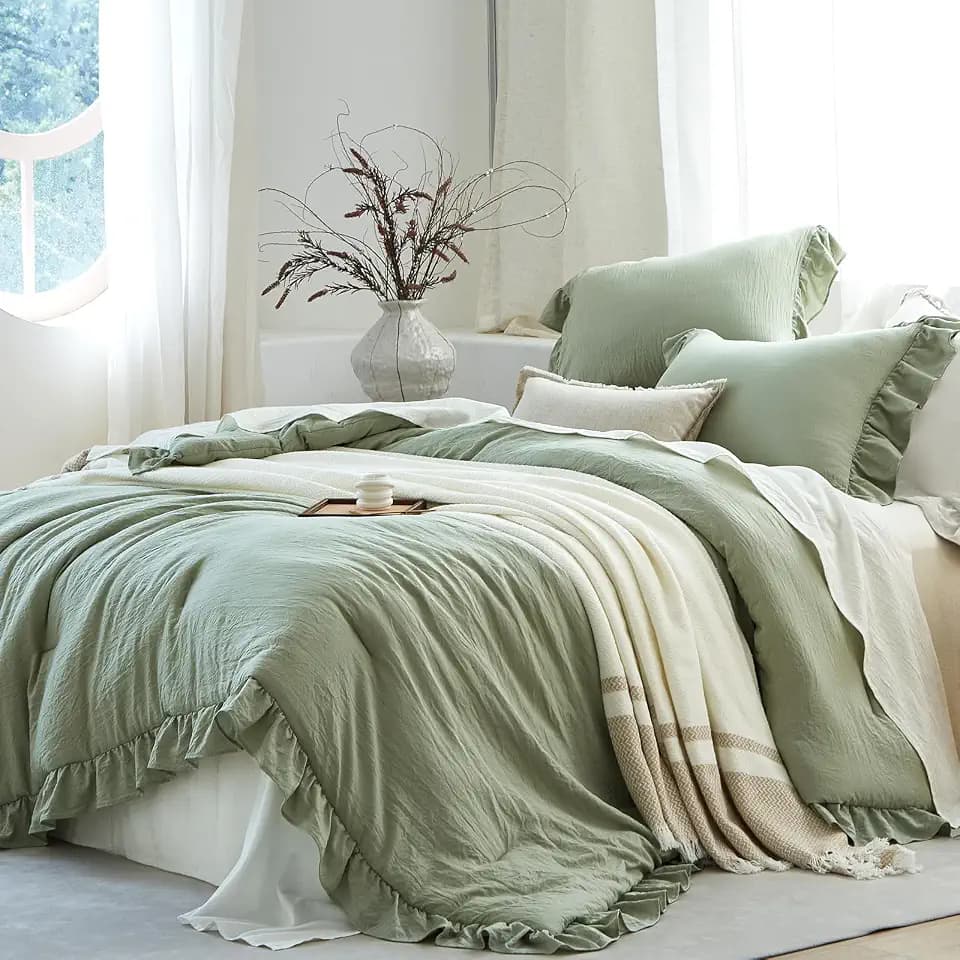 Sage Green Ruffle 2 Pieces Comforter Twin Shabby Chic Bedding Set