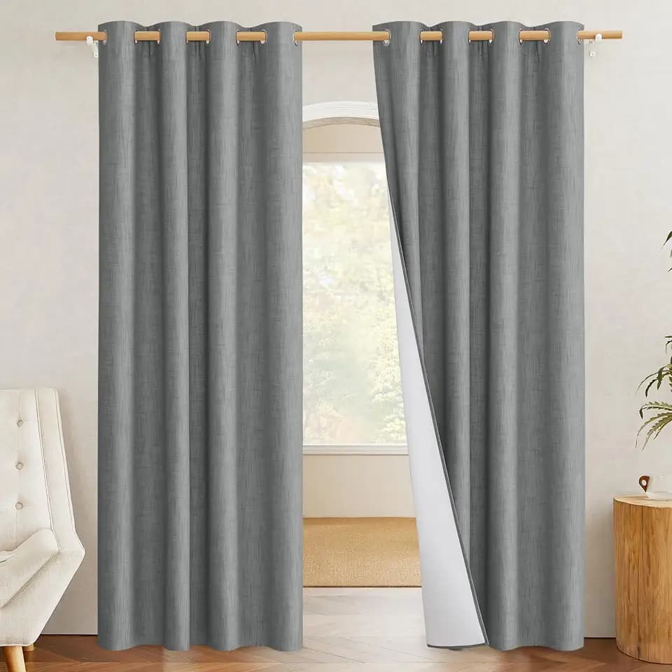 NICETOWN 100% Absolutely Blackout Linen Curtains with Thermal Insulated White Liner, Dove Grey, W52, 2 Pieces, Noise Reducing Textured Linen Look Curtains for Windows 102 inch Length for Classroom