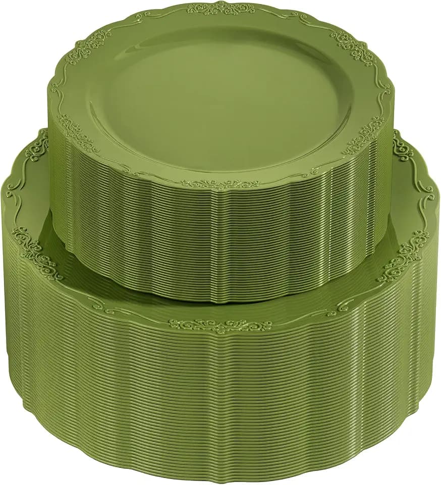 U-QE 100PCS Olive Green Plastic Plates - Plastic Green Plates Disposable