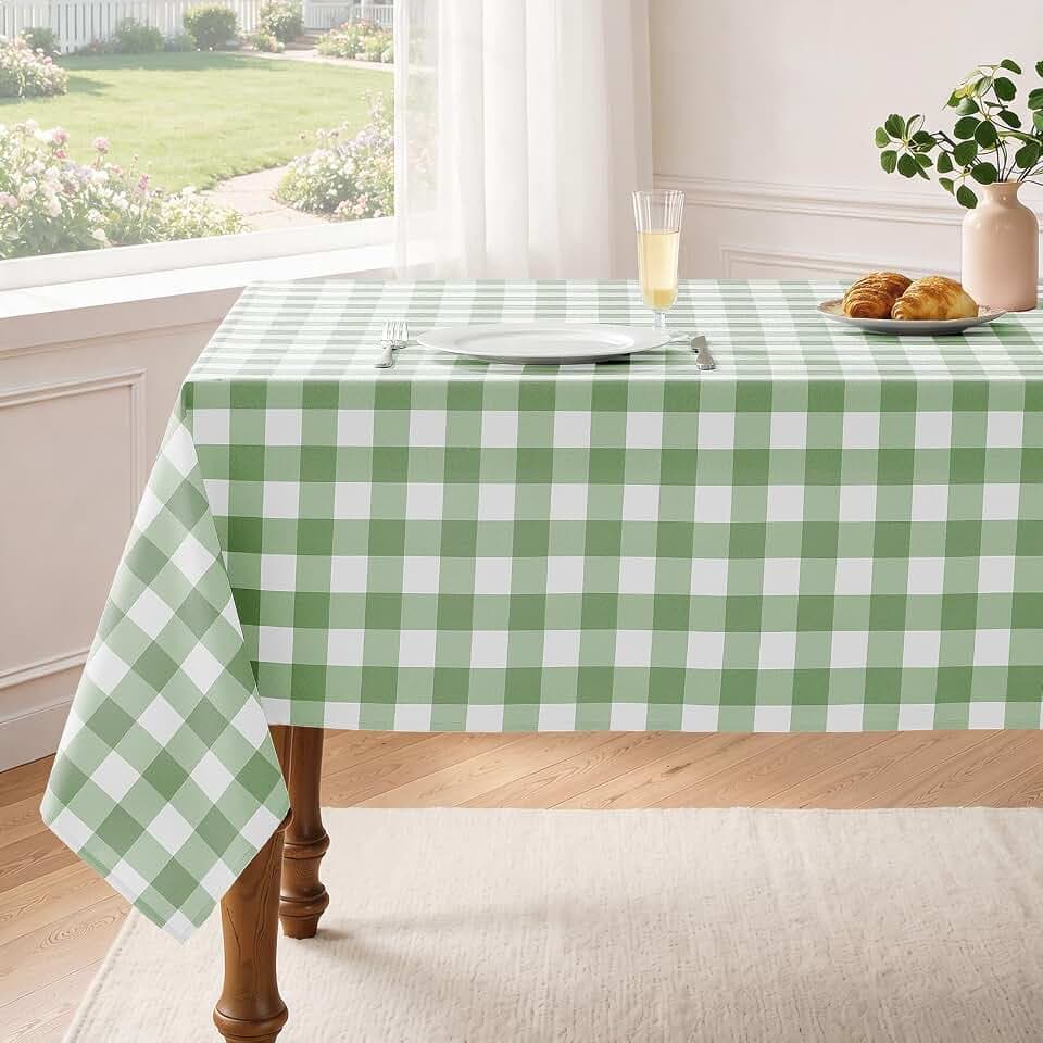 Veblandy Checkered Tablecloth Rectangle Waterproof Gingham Table Cloth Washable Buffalo Plaid Table Cover Wrinkle Free for Kitchen, Dining and Outdoor Picnic, 60 x 84 Inch, Sage Green and White