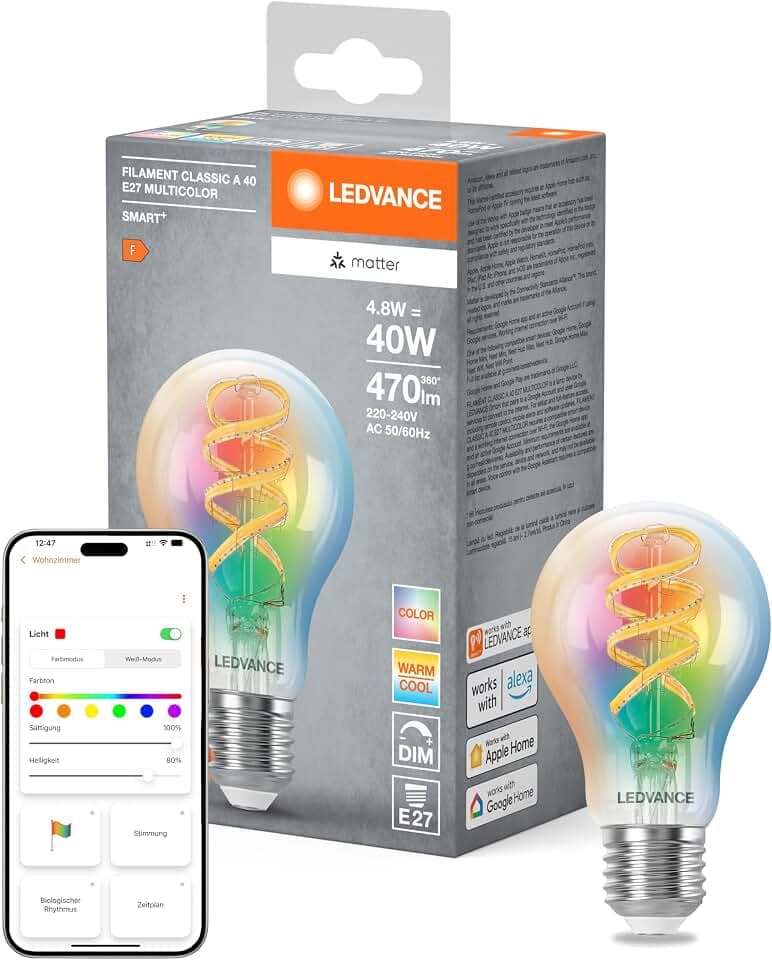 LEDVANCE SMART+ MATTER LED-Lampe, kompatibel mit Google, Alexa, Apple, Weißglas, 4,8W, 470lm, E27, Farblicht & Weißlicht, App- oder Sprachsteuerung, bis zu 15.000 Std. Lebensdauer, single pack