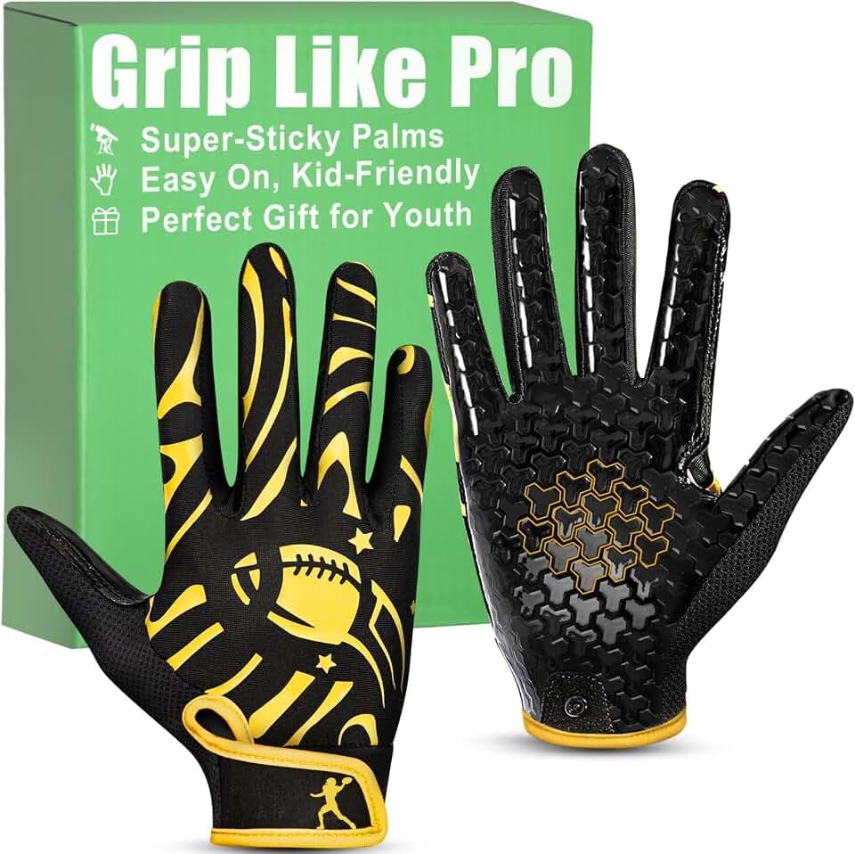Pixel Panda Youth Football Gloves, Non-Slip Kids Receiver Gloves with Super Sticky Grip Palm, Breathable Sports Gloves for Boys and Girls
