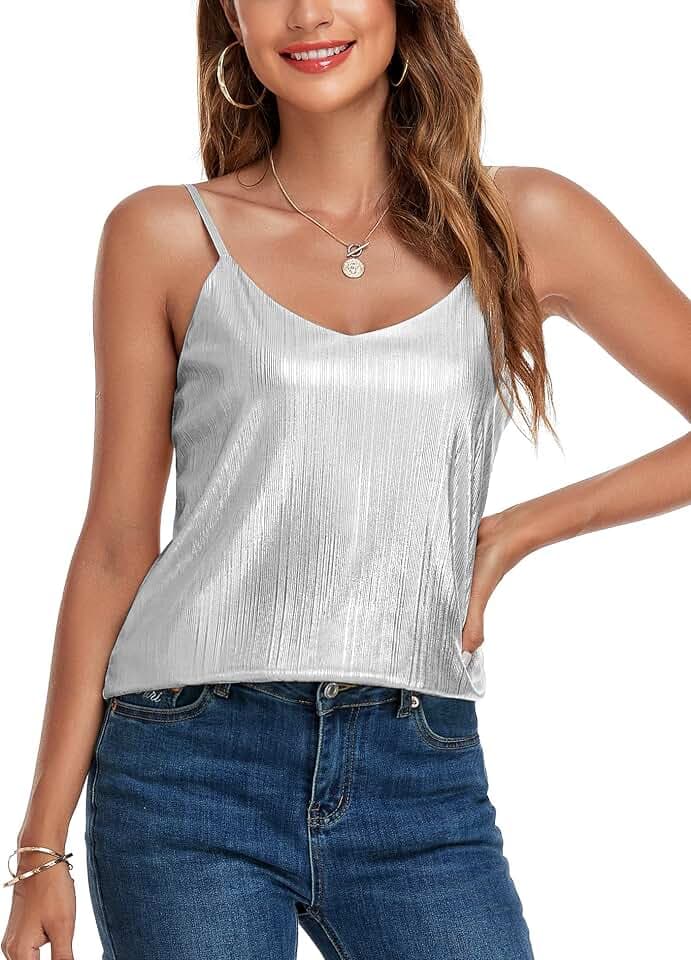 VIDUSSA Damen-Tank-Top, V-Ausschnitt, glitzerndes Cami-Top, ärmellos, Blusen