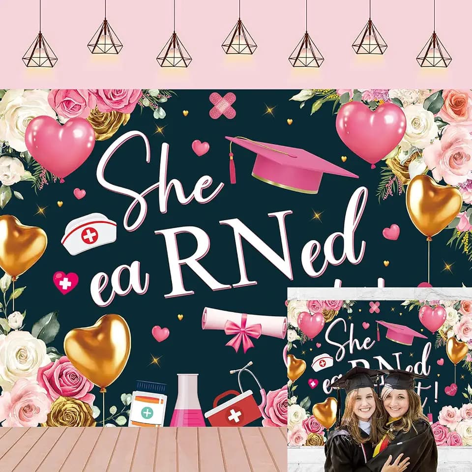 She Earned It Backdrop Pink Flowers Nurse Graduation Backdrop for Photography Class of 2026 RN Congrats Party Decorations Banner Photo Studio Props (7X5FT)