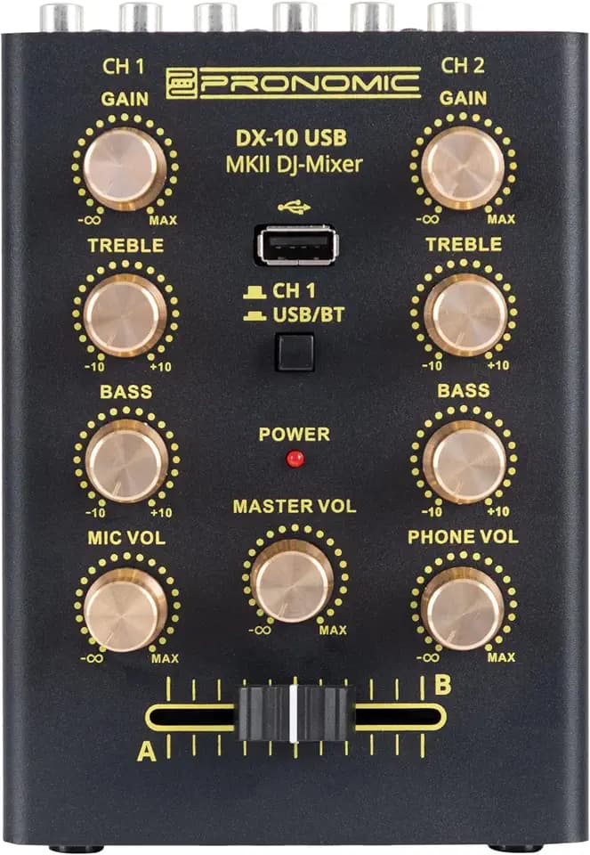 Pronomic DX-10 USB MKII DJ Mixer - kompakter 2-Kanal-DJ-Mixer - zwei Line-Eingänge - 2-Band Equalizer - Bluetooth und USB - Mikrofoneingang - Kopfhörerausgang - schwarz