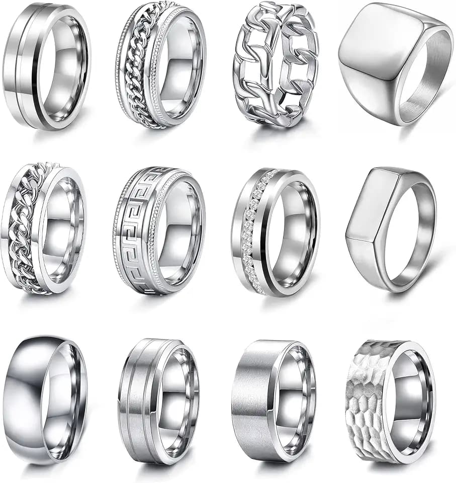 EIELO 12pcs Stainless Steel Band Rings - Silver, Modern, Wedding & Everyday Occasion - No Gemstones, Unisex, Size 7-14