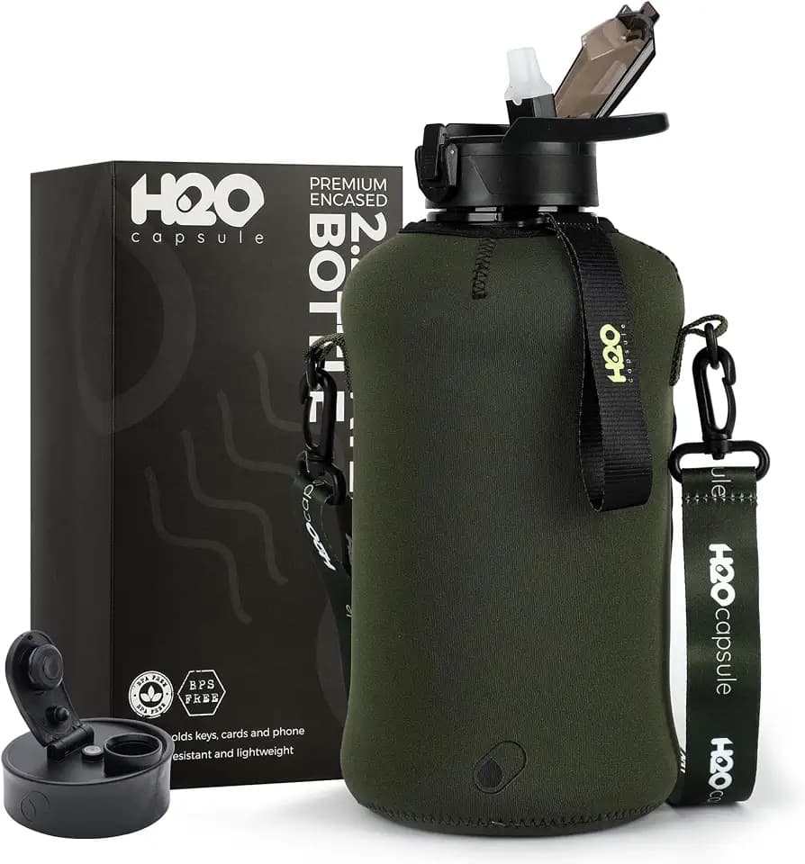 H2O Capsule 2.2L Half Gallon Water Bottle with Storage Sleeve and Covered Straw Lid – BPA Free Large Reusable Drink Container with Handle - Big Sports Jug, 2.2 Liter (74 Ounce)