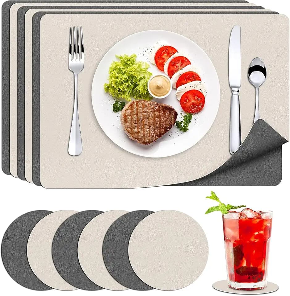 Tischset Leder, 6er Platzsets Abwaschbar mit Untersetzer rutschfest Platzdeckchen Doppelseitigen Tischsets, PU Kunstleder Hitzebeständig für Küche Hause Restaurant - 43x30cm, Beige Grau