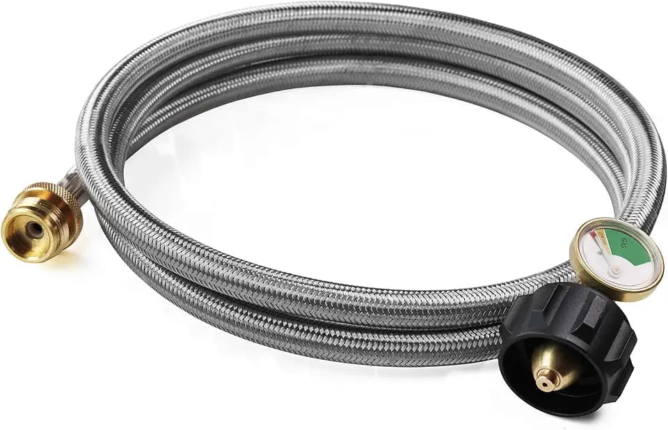 DOZYANT 6 Feet Stainless Braided Hose Adapter With Tank Gauge, 1 lb to 20 lb Propane Converter for Stove, Tabletop Grill and More 1lb Portable Appliance