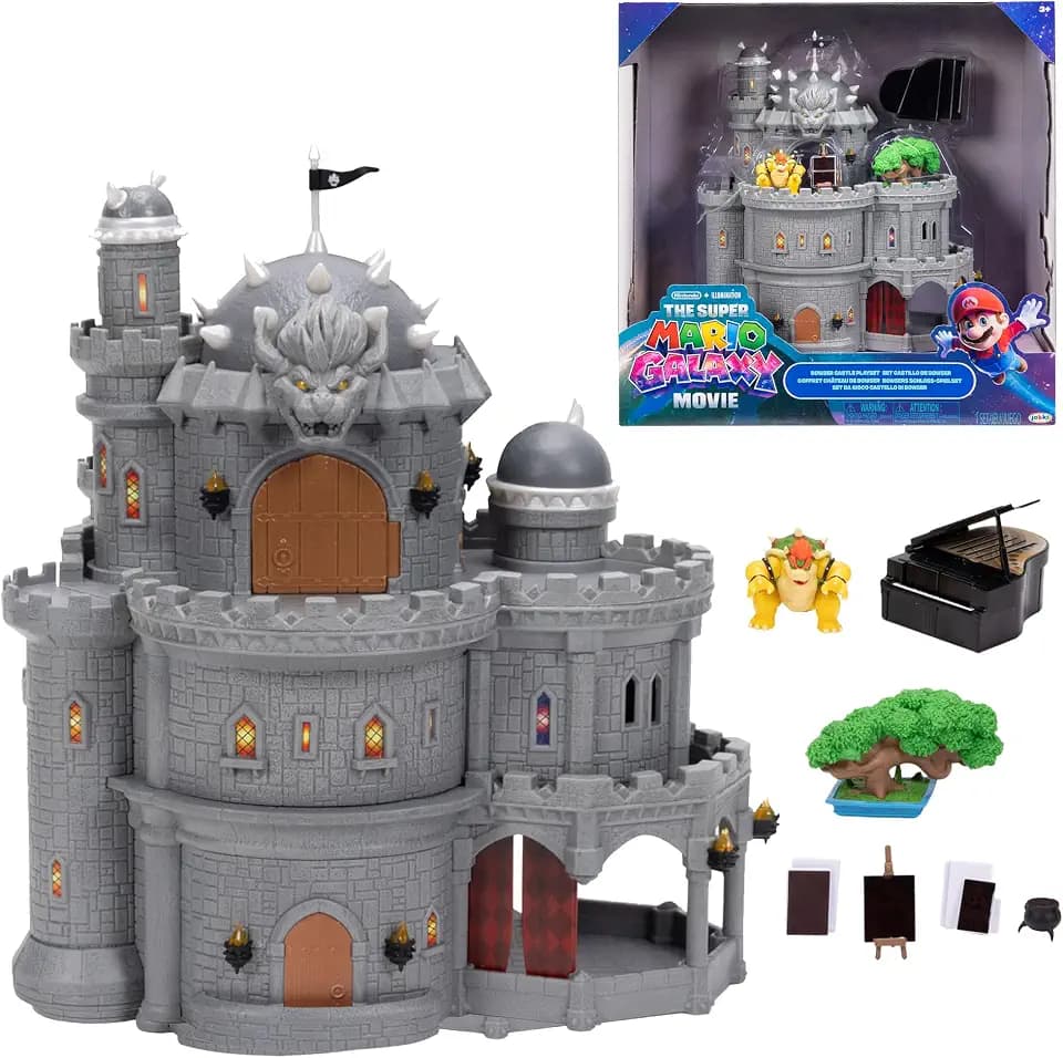 Super Mario Galaxy“-Film Bowser-Schloss-Spielset, offiziell lizenziert von Jakks Pacific, enthält eine 3,8 cm große, bewegliche Mini-Figur und Charakter-Zubehör, 3 Spielebenen, wärmeaktivierte Bilder