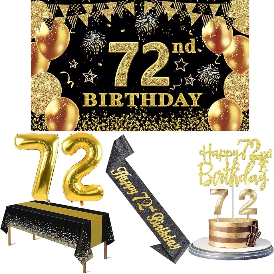 YeohJoy 72nd Birthday Decorations for Men Women Black Gold