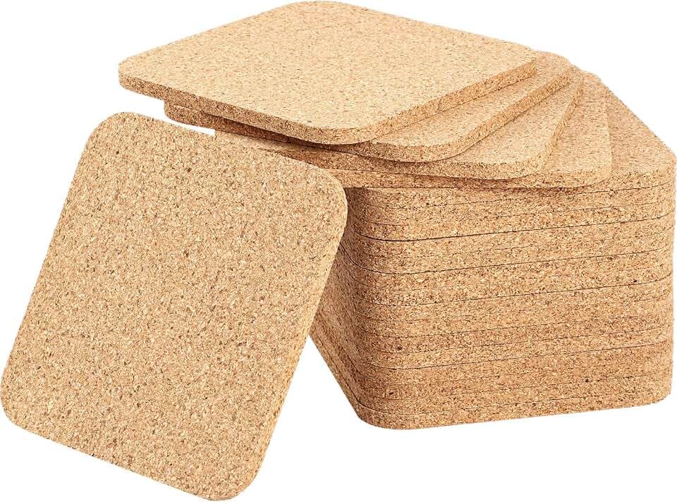 20 Pieces 5 mm Thick Wooden Cork Coasters Absorbent Square Cork Drink Coasters Mats 4 x 4 Inch