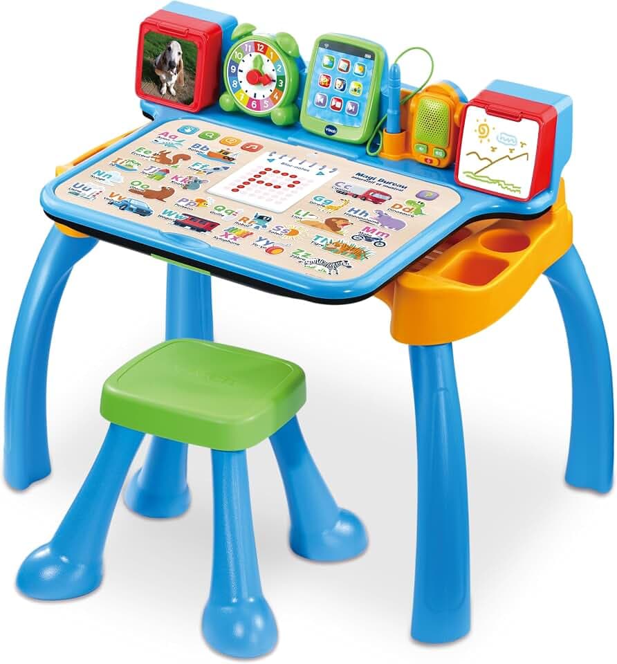 VTech - Magi Interaktiver und musikalischer Schreibtisch 6 in 1 – Kinderschreibtisch mit Hocker – Lernspieltisch, Zeichenstaffelei und Kreidetafel – Geschenk für Kinder ab 3 Jahren – Inhalt in