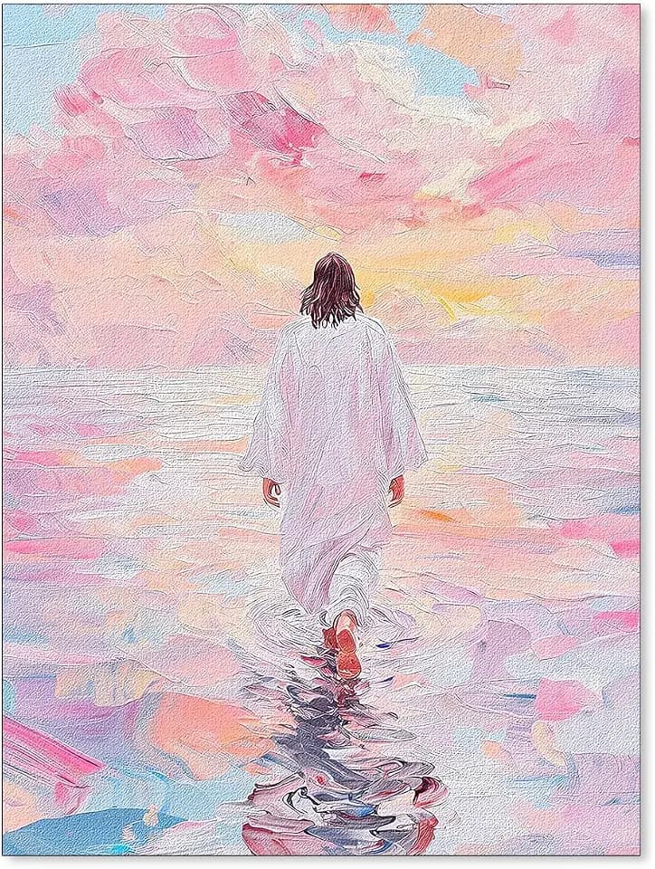 Jesus Walking On Water Pink Wall Art Religious Christian Oil Painting Canvas Poster Modern Aesthetic Artwork Decor for Bedroom Prayer Room Church 12X16 inch Unframed
