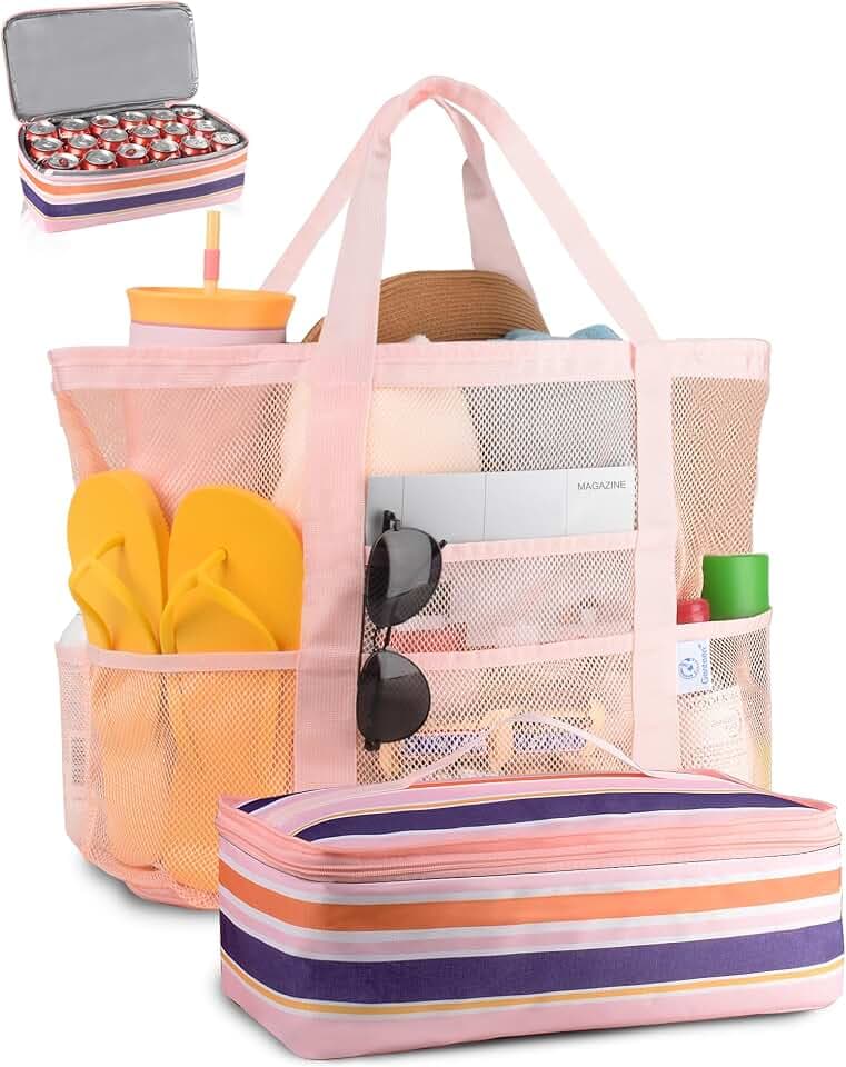 Genteen Beach Bag for Women, Mesh Tote Bags with Zipper, Sandproof Vacation Essentials with Cooler for Swim Cruise Pool