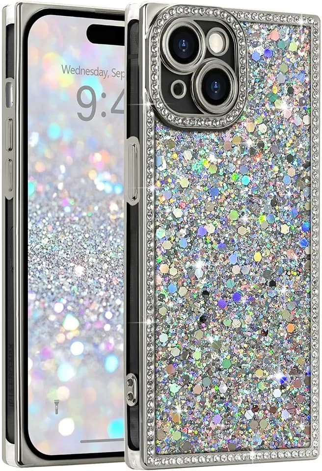 LAPOPNUT for iPhone 15 Case,Cute Bling Sequin Glitter Sparkly Rhinestones Rectangle Edge Phone Case for Girls Women,Crystal Diamond Full Camera Protective Shockproof TPU Bumper Cover,Silver