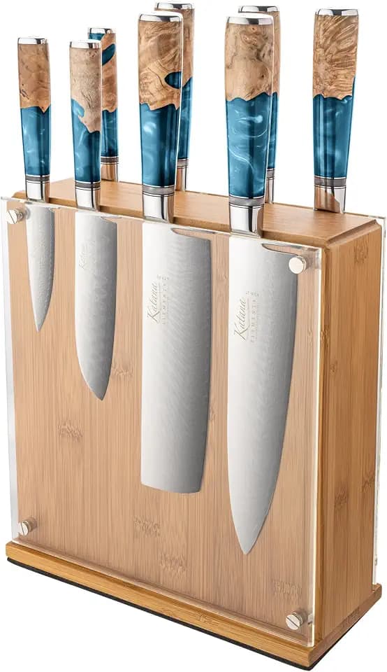 Elements 9-teiliges Messerblock-Set, Ozeanblau – VG-10-Damaststahl mit hohem Kohlenstoffgehalt für extreme Robustheit und Schärfe – Griff aus natürlichem Olivenholz und Harz