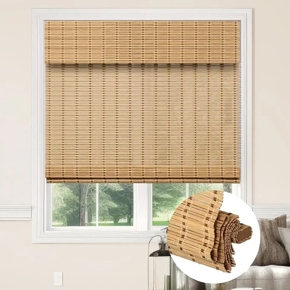 Kokorona Cordless Bamboo Roman Shades with Valance, Light Filtering Bamboo Blinds for Interior Windows, Natural Roll Up Bamboo Shades for Home, Office, Easy Installation, 20" W x 64" H, Natural