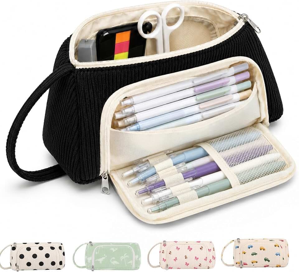 Big Capacity Pencil case,Soft Corduroy Pencil Bag with 3 Compartment Pouch Bag for School Supplies Office for Teen Girls Boys Women Man (Black New)