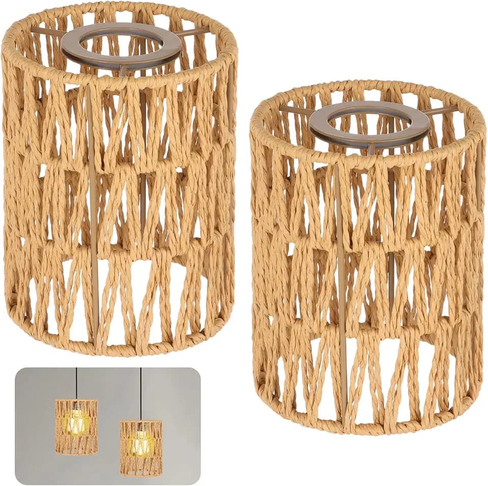 Rattan Lamp Shade 2 Pcs Rattan Lamp Shades, Retro Farmhouse Wicker Lampshade Replacements, 4.7" D×5.9" H Cylinder Woven Lamp Shades for Floor Lamps, Pendant Light, Chandelier, Sconces Light