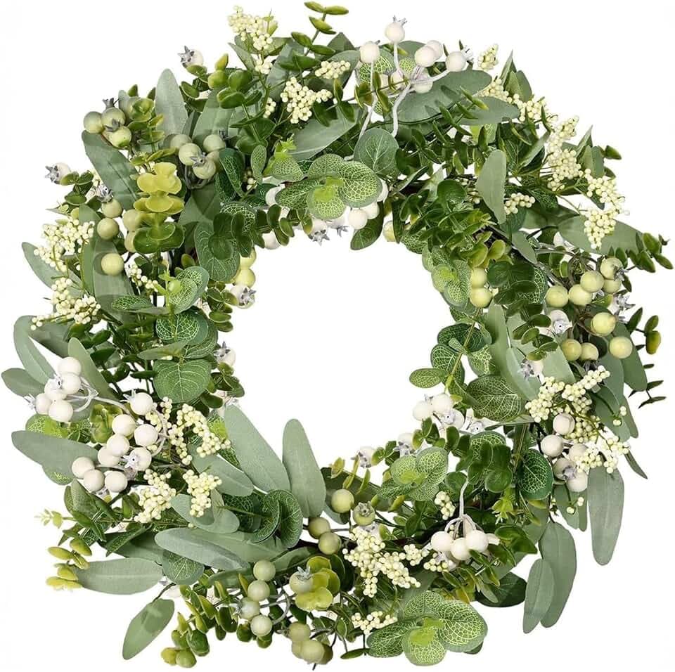 46 cm Immergrüner Eukalyptus-Beeren-Kranz aus Premium-PE – Ganzjähriger Wetterfester Türkranz für Haustür, Garten & Outdoor-Deko mit 6 Beerengruppen