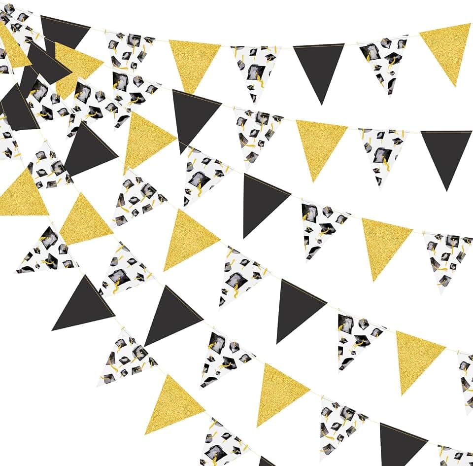 Black Gold Graduation Decorations 2026 Black Gold Grad Hat Cap Banner Triangle Pennant Bunting Streamer Garland Backdrop for Grad Party Supplies Class of 2026 Classroom Middle High School Grad Decor