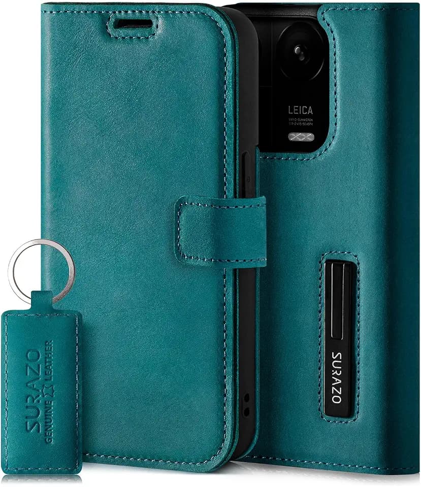 SURAZO Premium Handyhülle für Xiaomi 14 5G Hülle Leder – Klappbare Echtleder Schutzhülle [Magnet, Kartenfach, RFID Schutz, Standfunktion] Klapphülle Wallet Case Cover Lederhülle (Türkis)