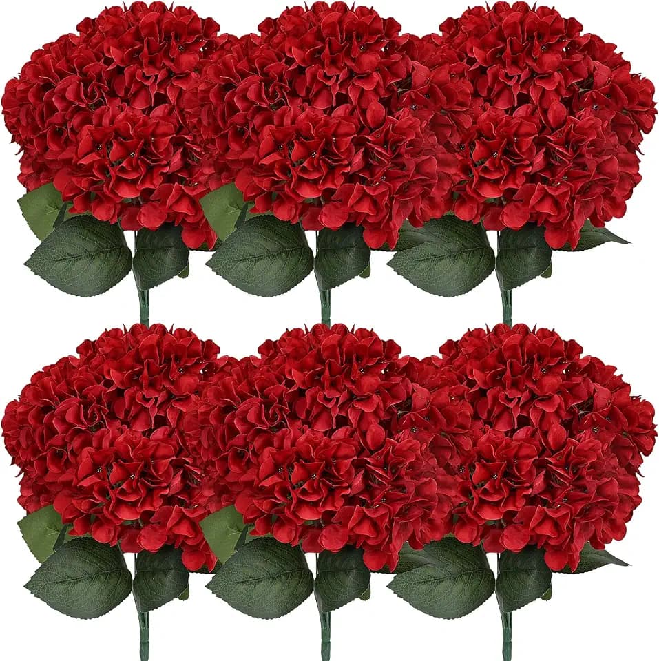 Dark Red Large Faux Silk Hydrangea Flowers Bulk, 6 Bundles 54 Heads