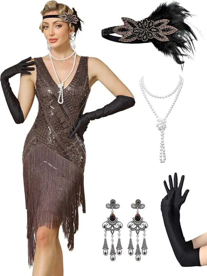 Women’s Flapper Dresses Set 1920s V Neck Beaded Fringed Great Gatsby Dress with Accessories Set