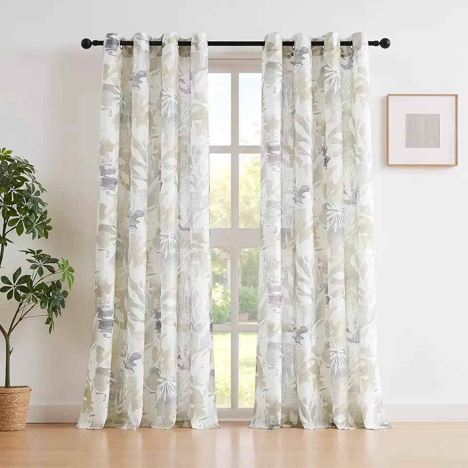 Natural Taupe Linen Semi Sheer Curtains for Fall 55x84" Country Leaf Print