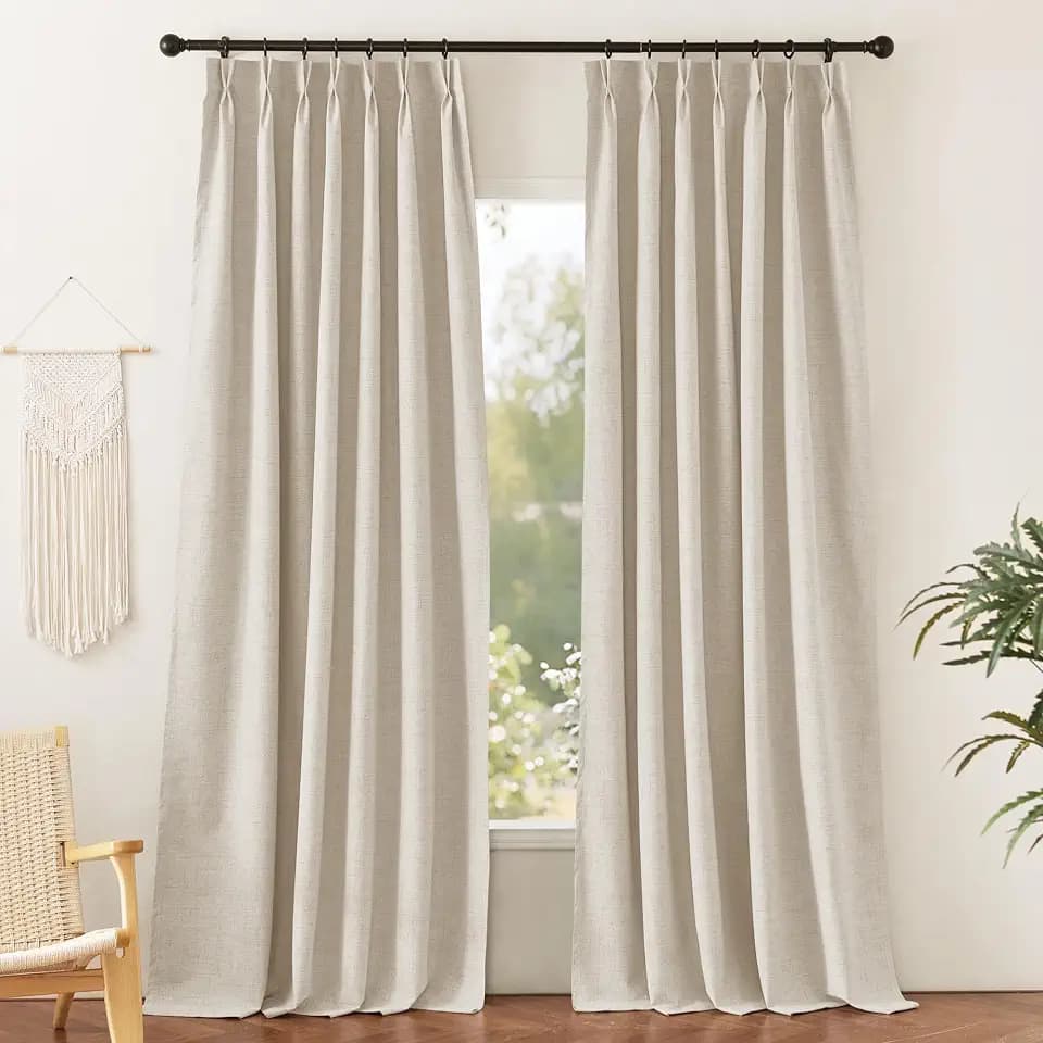 RYB HOME Linen Textured 100% Blackout Curtains Pinch Pleated & Back Tab Drapes Privacy Thermal Insulating for Living Room Kitchen Dining Bay Window, W 42 x L 90 inches, Linen, 2 Panels