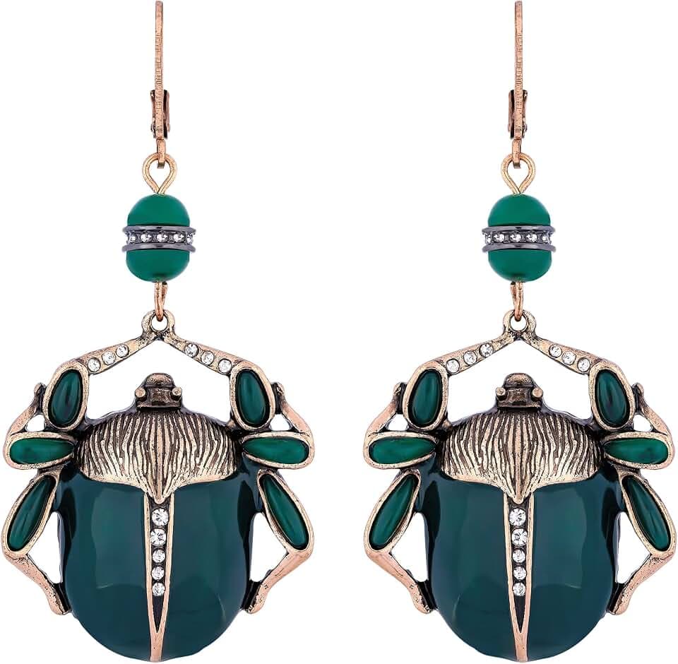 Beetle Earrings - Green Enamel Scarab Dangle Earrings - Unique Vintage Egyptian Bug Jewelry for Women with Gothic and Halloween Charm