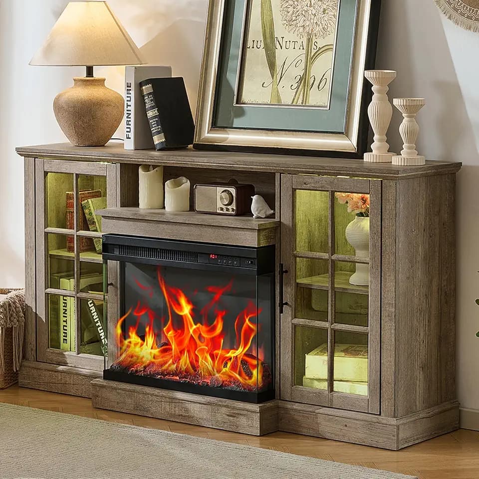ROCKPOINT 3 Sided Glass 59" Fireplace TV Stand for TVs up to 65inch, Media Entertainment Center with Glass Door Storage Cabinet,24" Electric Fireplace with LED Light and Flame Colors,Grey
