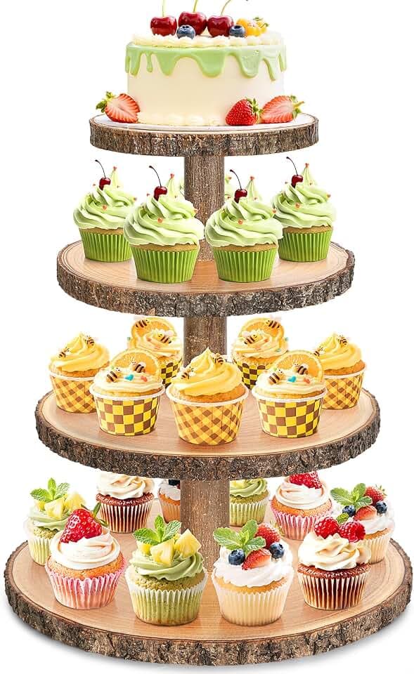 Wooden Cupcake Stand for 24 Cupcakes 4-Tier Dessert Tower Rustic Tiered Display Stand for Woodland Baby Shower Decorations, Farmers Market Decor, Wedding, Birthday, Graduation, Tea Party