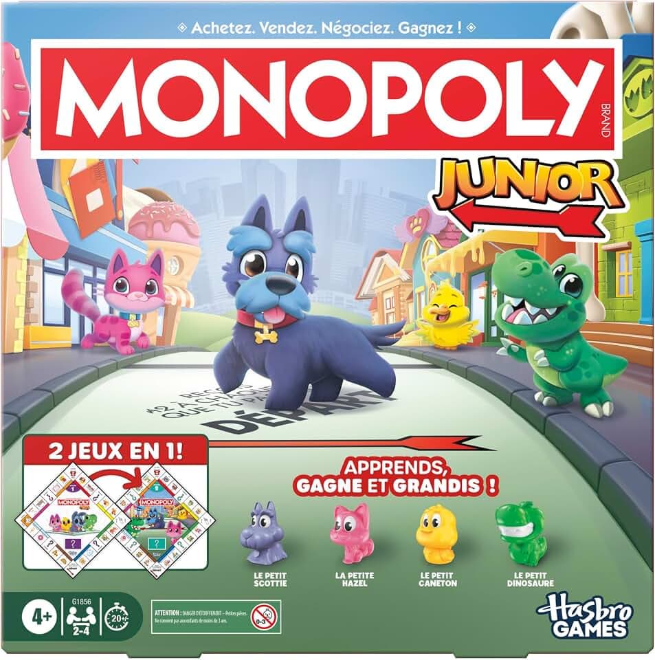 Monopoly Junior (Ausgabe 2026), Brettspiel | 2 Spiele in 1, Wendebrett | Ab 4 Jahren | 2 bis 4 Spieler | 20 Min. | Geschenke für Kleinkinder | Französische Version