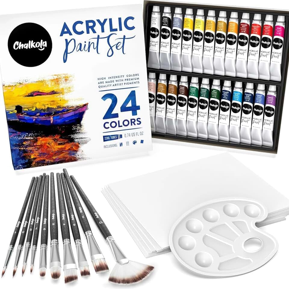 Chalkola Acrylfarben Set für Leinwand, 24 Farben (je 22ml) mit 10 Pinseln