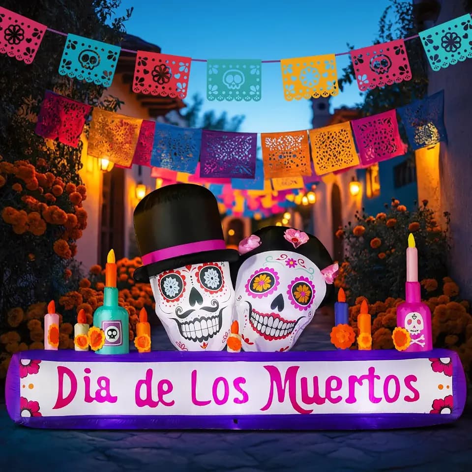 DomKom 8FT Halloween Inflatable Blow Up Decorations, Dia de Los Muertos Day of Dead Catrina Skulls Altar, Built-in LEDs for Holiday Party, Garden, Lawn, Yard, Patio Décor