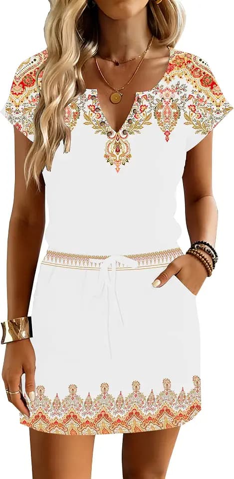 Beach Dress for Women Loose Drawstring Waist Sundresses Casual Summer Boho Floral Flowy Mini Dress