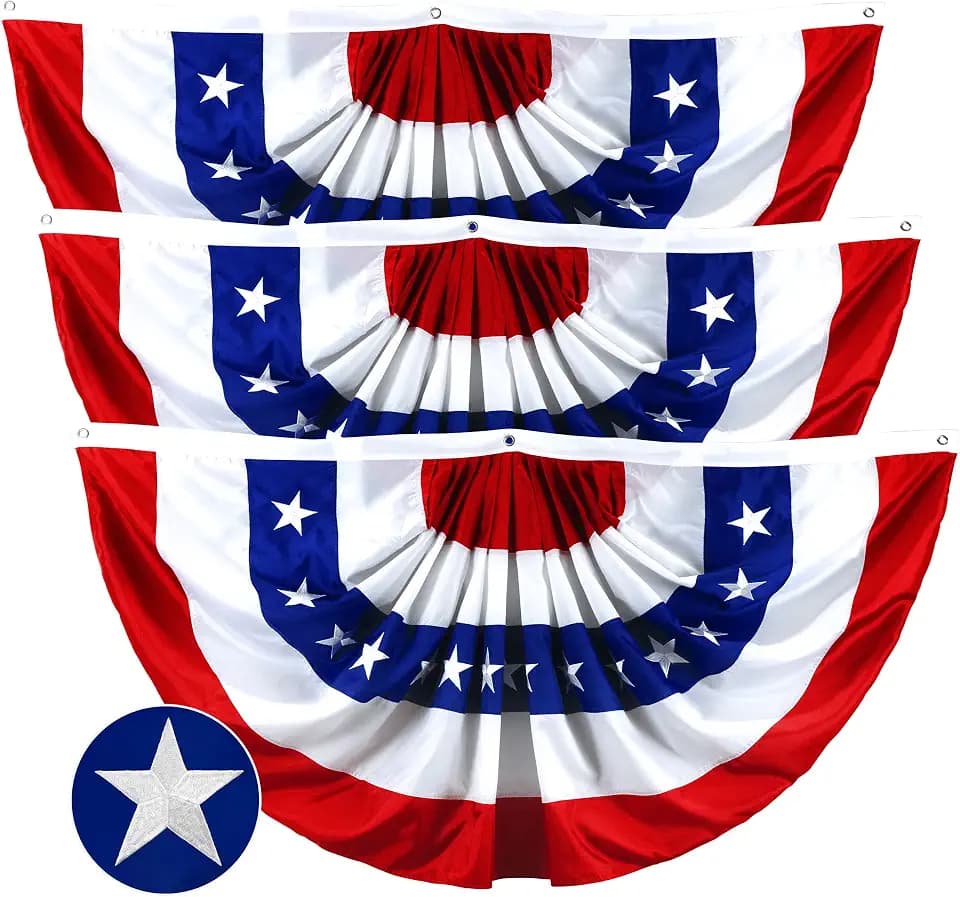 G128 – 3 Pack: USA Pleated Fan Flag, 2x4 Feet American USA Bunting Decoration Flags Embroidered Patriotic Stars & Sewn Stripes Canvas Header Brass Grommets