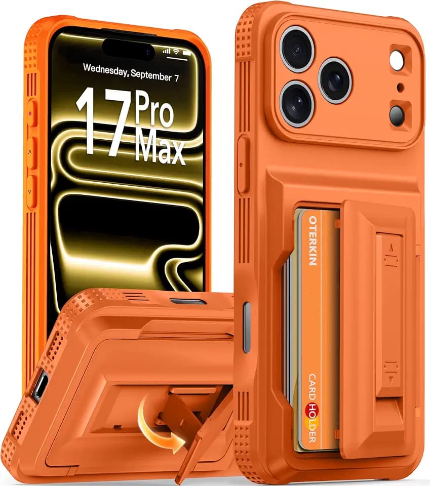 Oterkin for iPhone 17 Pro Max Case with Card Holder & Stand, Orange 6.9"